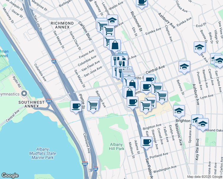 map of restaurants, bars, coffee shops, grocery stores, and more near 3124 Yosemite Avenue in El Cerrito