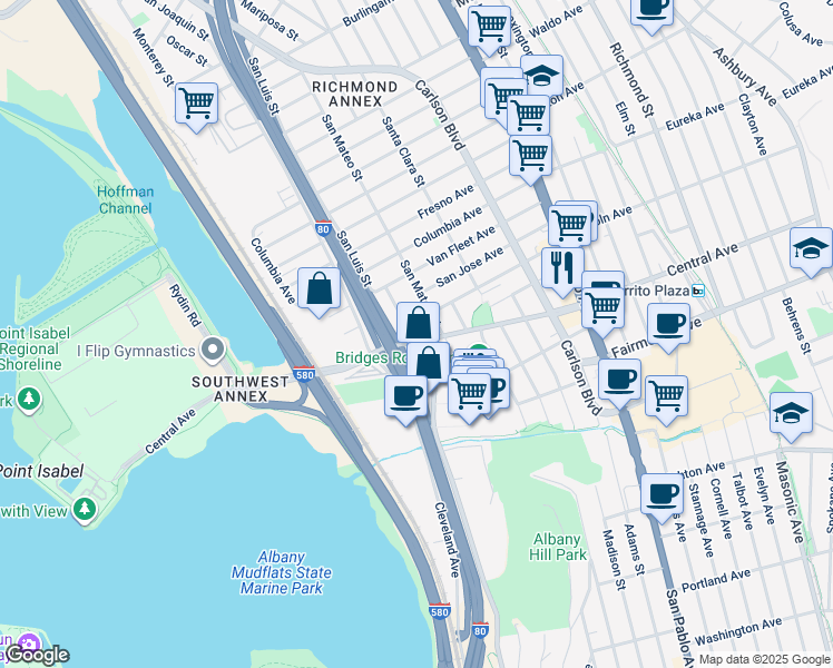 map of restaurants, bars, coffee shops, grocery stores, and more near 2912 San Luis Street in Richmond
