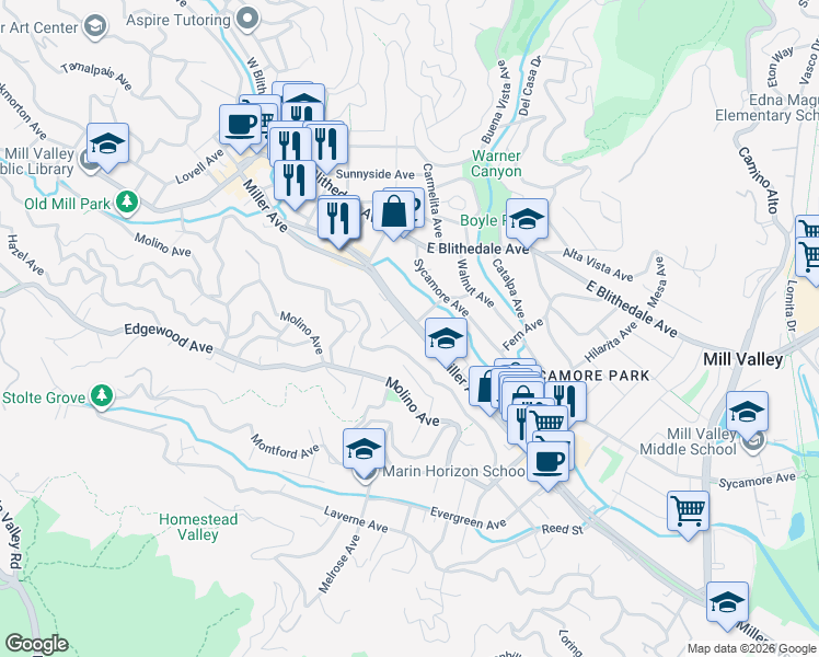 map of restaurants, bars, coffee shops, grocery stores, and more near 19 Park Avenue in Mill Valley