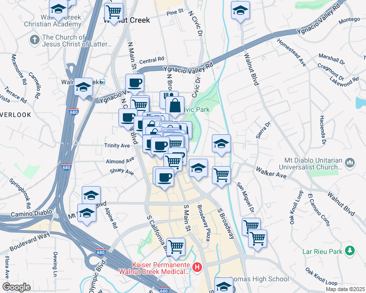 map of restaurants, bars, coffee shops, grocery stores, and more near 1644 North Broadway in Walnut Creek
