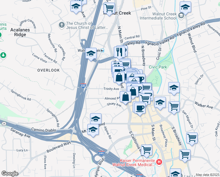 map of restaurants, bars, coffee shops, grocery stores, and more near 1657 North California Boulevard in Walnut Creek