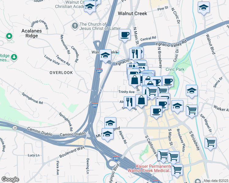 map of restaurants, bars, coffee shops, grocery stores, and more near 1812 Trinity Avenue in Walnut Creek