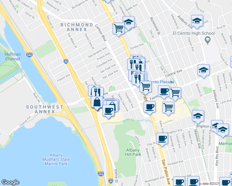 map of restaurants, bars, coffee shops, grocery stores, and more near 5804 Avila Street in El Cerrito