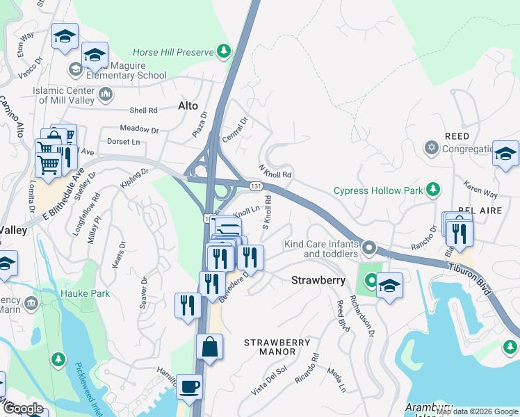map of restaurants, bars, coffee shops, grocery stores, and more near 36 Tiburon Boulevard in Mill Valley