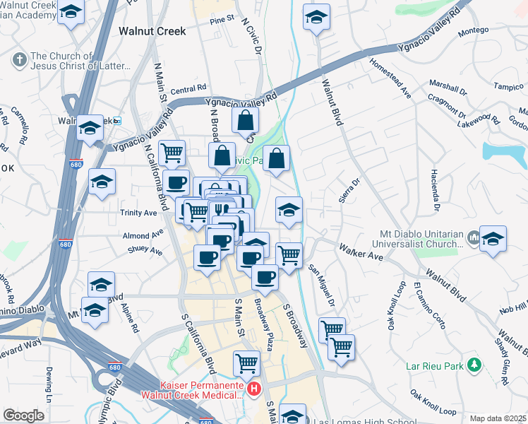 map of restaurants, bars, coffee shops, grocery stores, and more near 1674 Carmel Drive in Walnut Creek