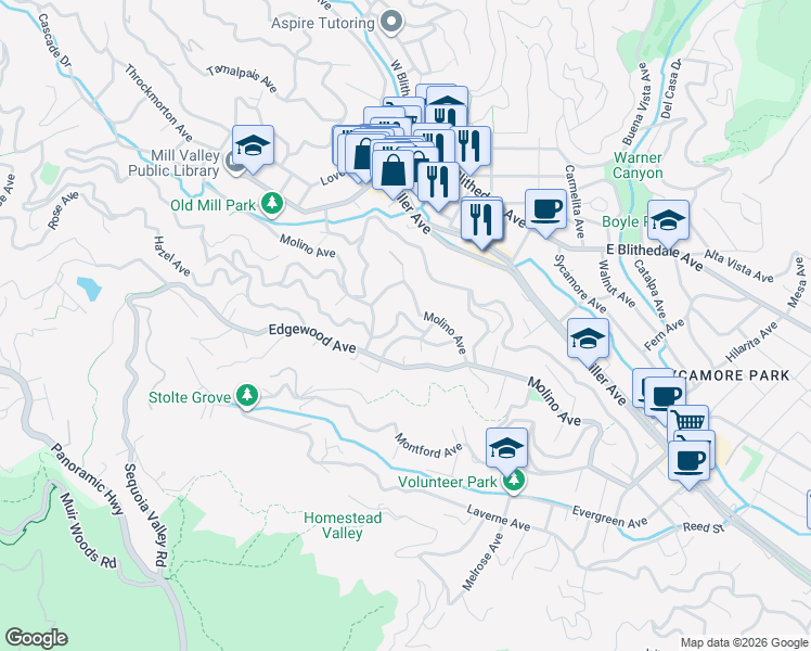 map of restaurants, bars, coffee shops, grocery stores, and more near 233 Molino Avenue in Mill Valley