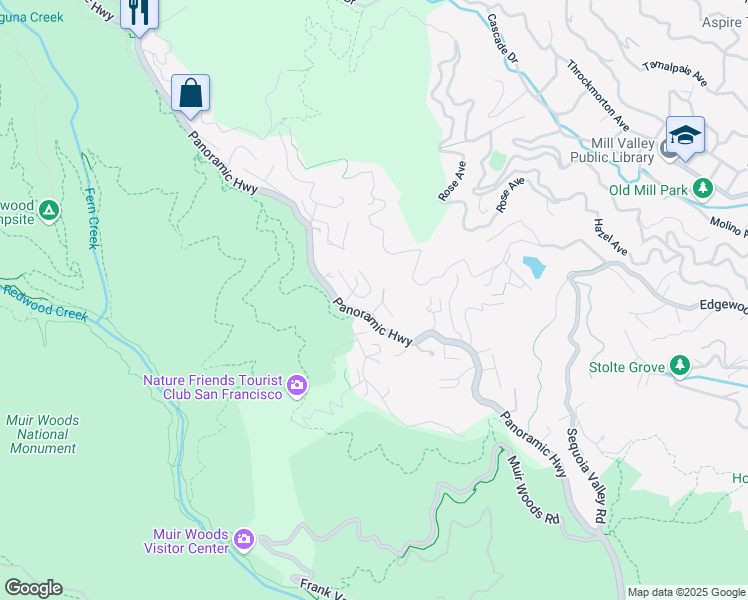 map of restaurants, bars, coffee shops, grocery stores, and more near 12 Saint Jude Road in Mill Valley