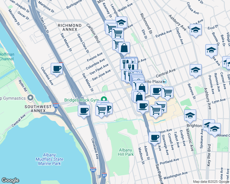 map of restaurants, bars, coffee shops, grocery stores, and more near 5820 Central Avenue in El Cerrito