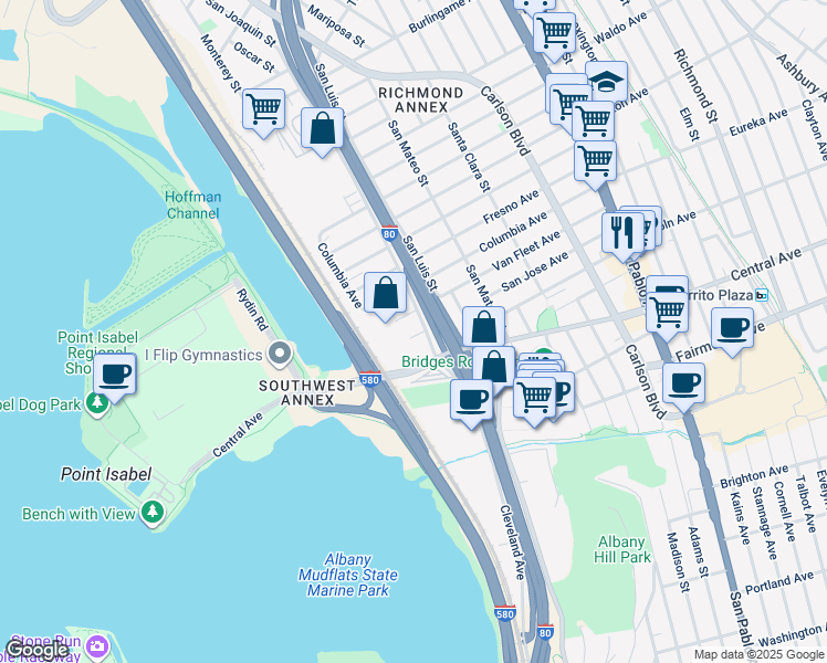 map of restaurants, bars, coffee shops, grocery stores, and more near 5227 San Jose Avenue in Richmond