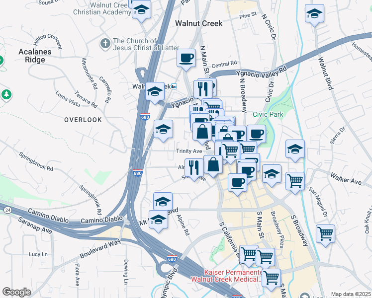 map of restaurants, bars, coffee shops, grocery stores, and more near 1812 Trinity Avenue in Walnut Creek