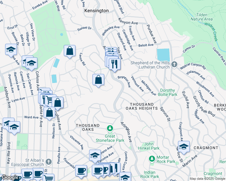 map of restaurants, bars, coffee shops, grocery stores, and more near 1 Eagle Hill Road in Kensington
