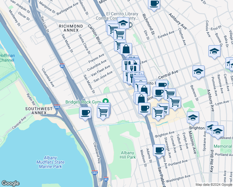 map of restaurants, bars, coffee shops, grocery stores, and more near 3124 Yosemite Avenue in El Cerrito