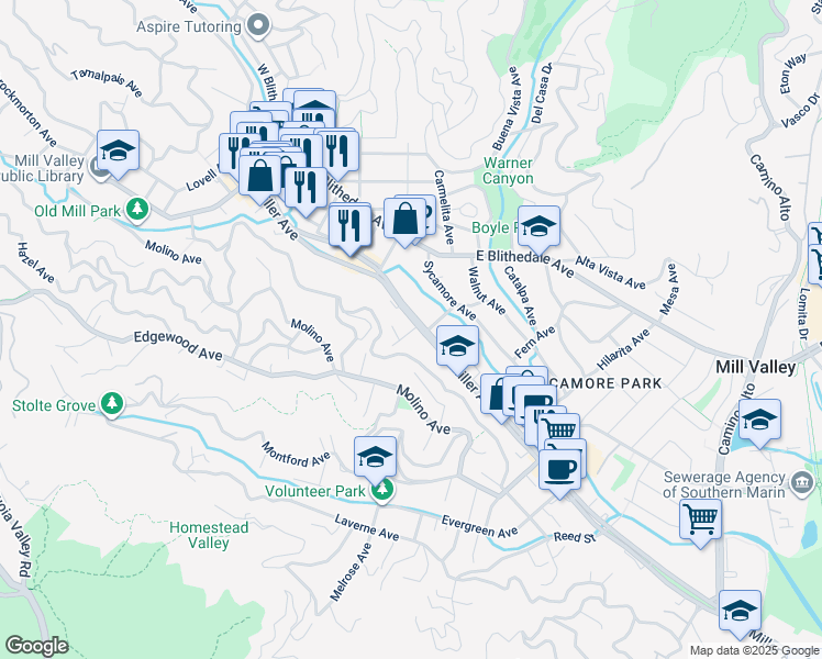 map of restaurants, bars, coffee shops, grocery stores, and more near 190 Miller Avenue in Mill Valley