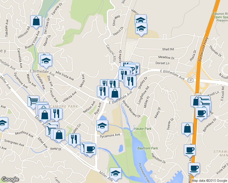 map of restaurants, bars, coffee shops, grocery stores, and more near 250 Camino Alto in Mill Valley