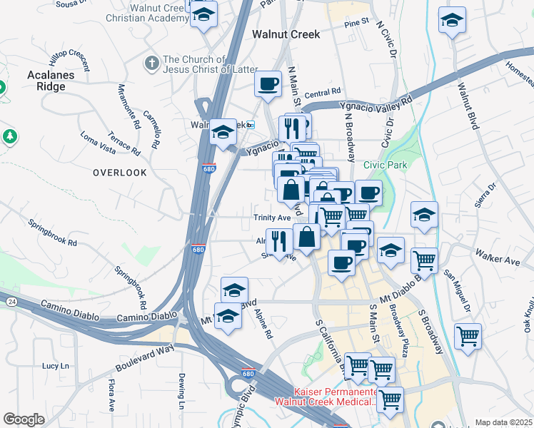 map of restaurants, bars, coffee shops, grocery stores, and more near 1812 Trinity Avenue in Walnut Creek