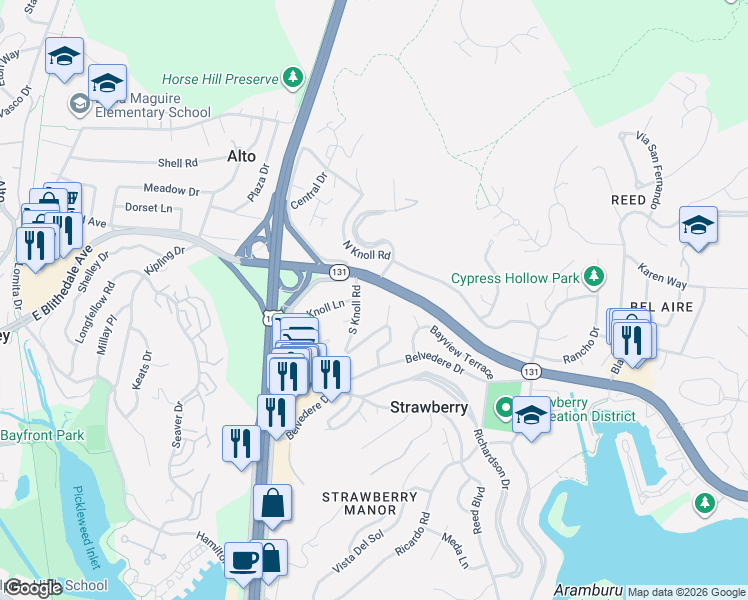 map of restaurants, bars, coffee shops, grocery stores, and more near 11 South Knoll Road in Mill Valley