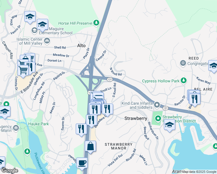 map of restaurants, bars, coffee shops, grocery stores, and more near 36 Tiburon Boulevard in Mill Valley