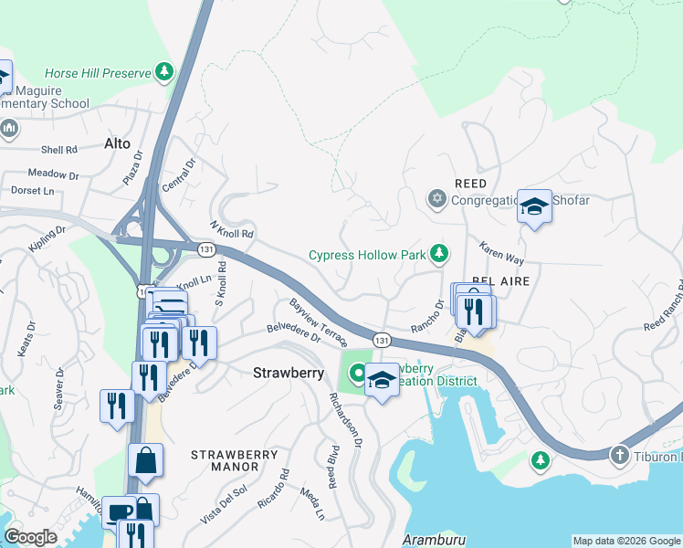 map of restaurants, bars, coffee shops, grocery stores, and more near 17 Sky Road in Mill Valley