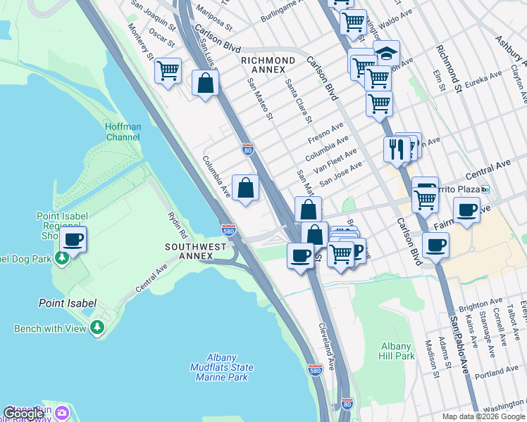 map of restaurants, bars, coffee shops, grocery stores, and more near 5227 San Jose Avenue in Richmond