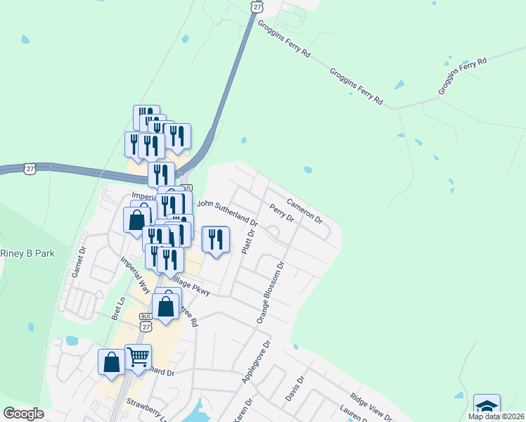 map of restaurants, bars, coffee shops, grocery stores, and more near 232 Perry Drive in Nicholasville