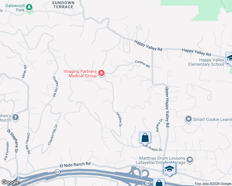 map of restaurants, bars, coffee shops, grocery stores, and more near 1200 Estates Drive in Lafayette