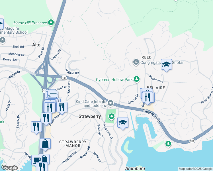 map of restaurants, bars, coffee shops, grocery stores, and more near 11 Sky Road in Mill Valley