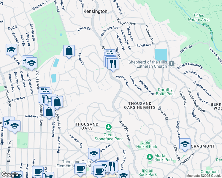map of restaurants, bars, coffee shops, grocery stores, and more near 1 Eagle Hill Road in Kensington