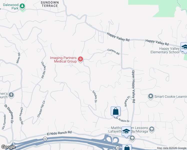 map of restaurants, bars, coffee shops, grocery stores, and more near 1200 Estates Drive in Lafayette