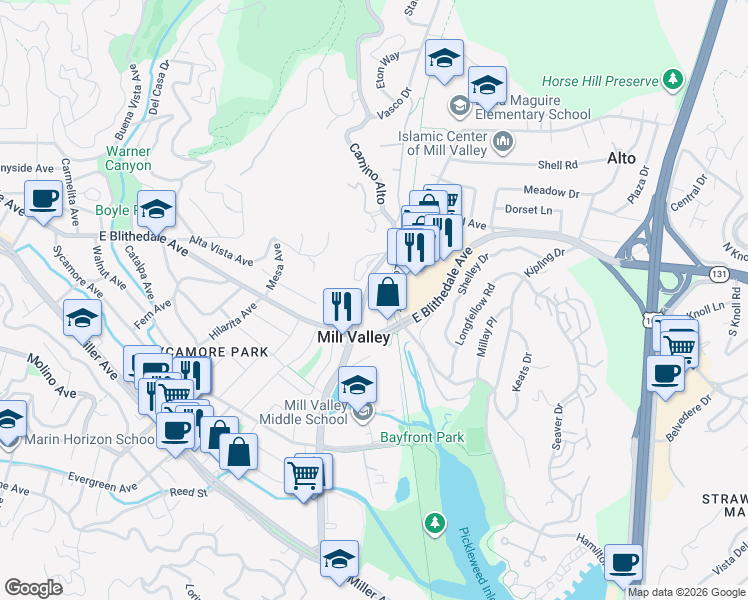 map of restaurants, bars, coffee shops, grocery stores, and more near 250 Camino Alto in Mill Valley