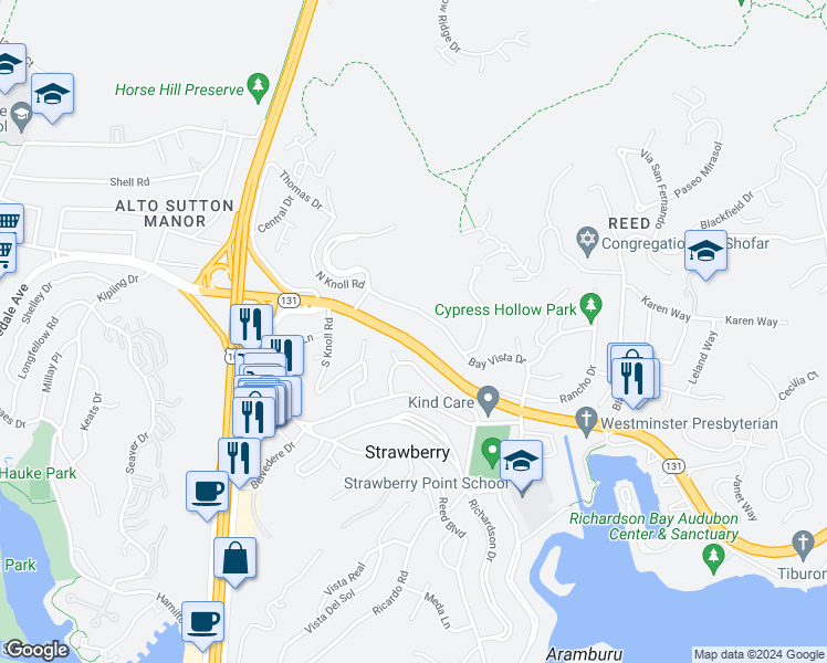 map of restaurants, bars, coffee shops, grocery stores, and more near 135 Tiburon Boulevard in Mill Valley