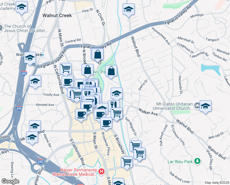 map of restaurants, bars, coffee shops, grocery stores, and more near 1162 Lincoln Avenue in Walnut Creek