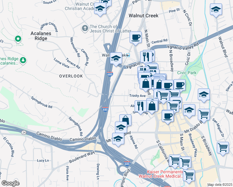 map of restaurants, bars, coffee shops, grocery stores, and more near 1924 Trinity Avenue in Walnut Creek