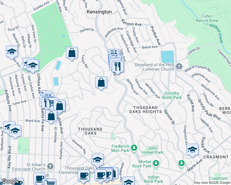 map of restaurants, bars, coffee shops, grocery stores, and more near 1 Eagle Hill Road in Kensington