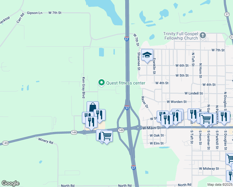 map of restaurants, bars, coffee shops, grocery stores, and more near 1069-1099 Factory Outlet Boulevard in West Frankfort