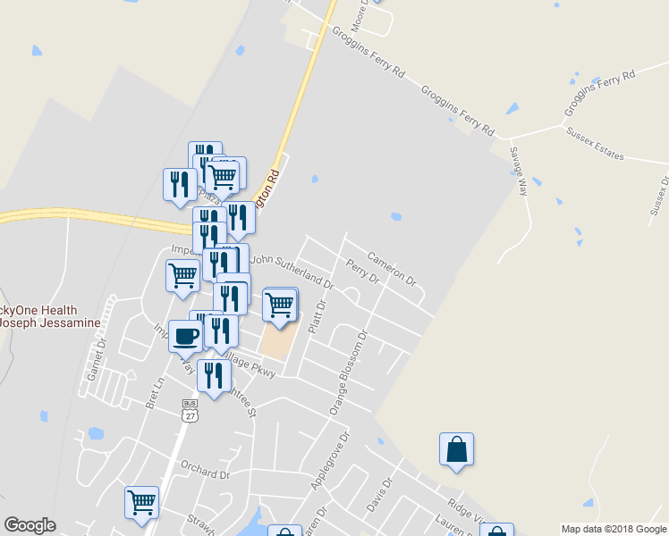 map of restaurants, bars, coffee shops, grocery stores, and more near 504 Platt Drive in Nicholasville