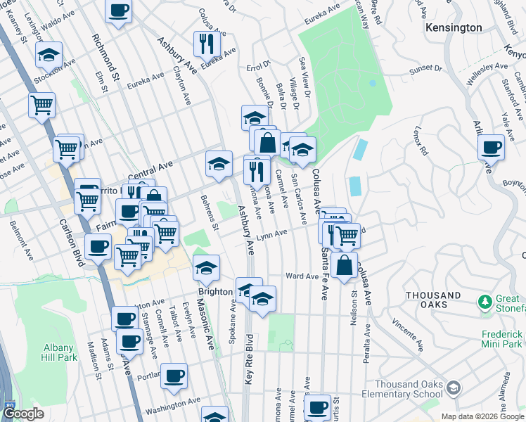 map of restaurants, bars, coffee shops, grocery stores, and more near 244 Pomona Avenue in El Cerrito