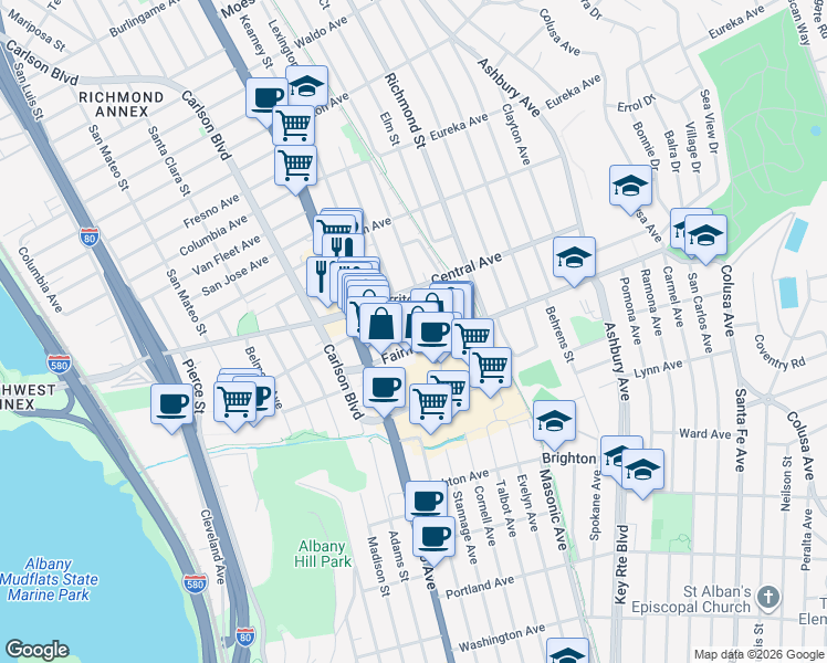 map of restaurants, bars, coffee shops, grocery stores, and more near 412 Lexington Avenue in El Cerrito