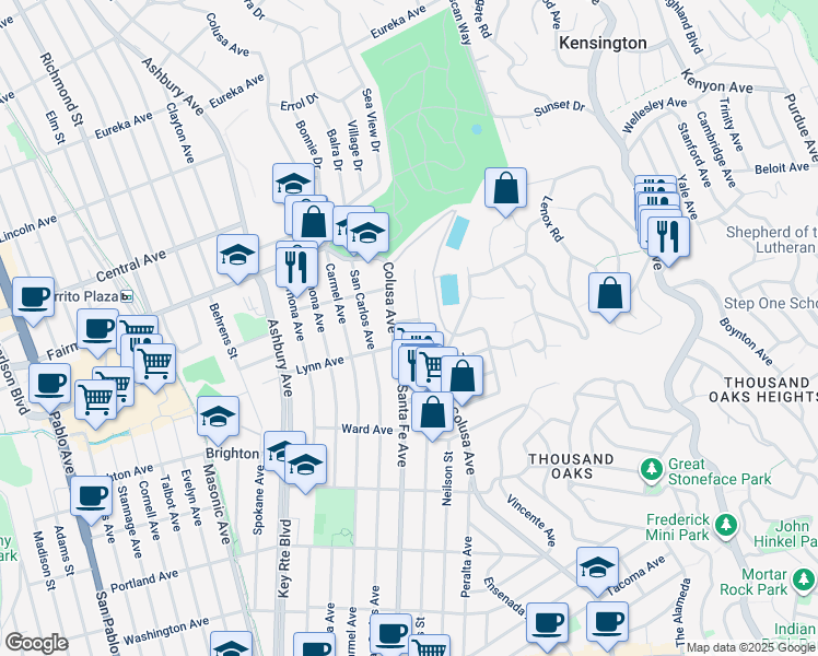 map of restaurants, bars, coffee shops, grocery stores, and more near 1510 Valley Road in Kensington