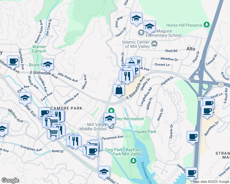 map of restaurants, bars, coffee shops, grocery stores, and more near 260 Camino Alto Court in Mill Valley