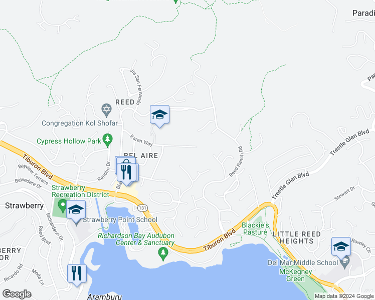 map of restaurants, bars, coffee shops, grocery stores, and more near 338 Karen Way in Belvedere Tiburon