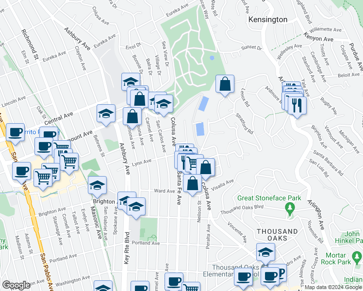 map of restaurants, bars, coffee shops, grocery stores, and more near 1510 Valley Road in Kensington