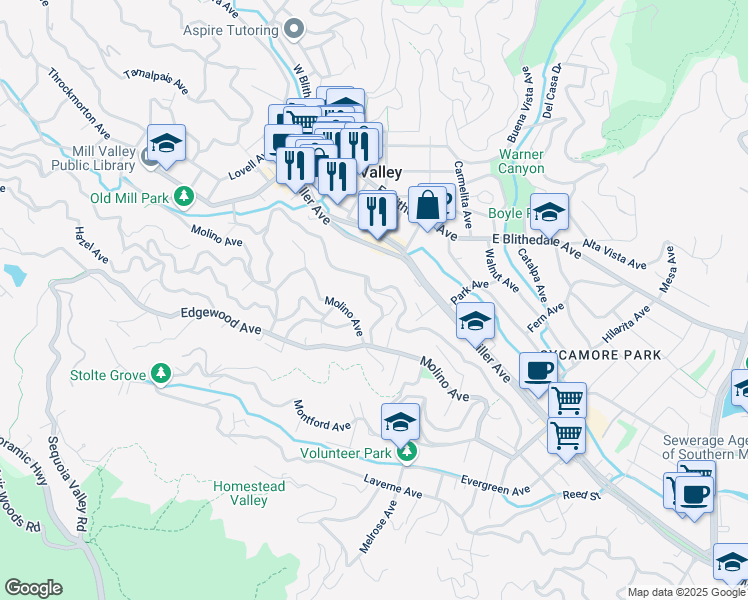map of restaurants, bars, coffee shops, grocery stores, and more near 39 Mirabel Avenue in Mill Valley