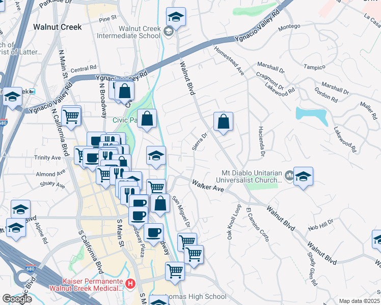 map of restaurants, bars, coffee shops, grocery stores, and more near 14 Edmund Court in Walnut Creek