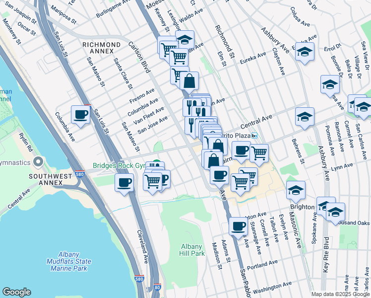 map of restaurants, bars, coffee shops, grocery stores, and more near 5909 Central Avenue in El Cerrito