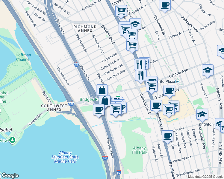 map of restaurants, bars, coffee shops, grocery stores, and more near 5628 El Dorado Street in El Cerrito