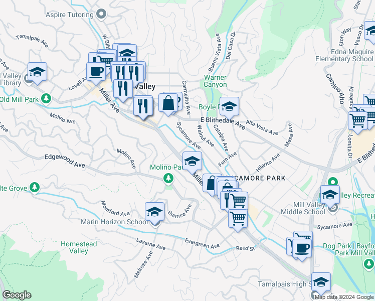 map of restaurants, bars, coffee shops, grocery stores, and more near 19 Park Avenue in Mill Valley
