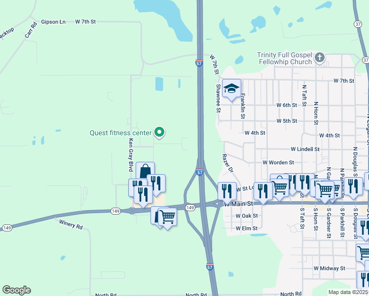 map of restaurants, bars, coffee shops, grocery stores, and more near 1069-1099 Factory Outlet Boulevard in West Frankfort