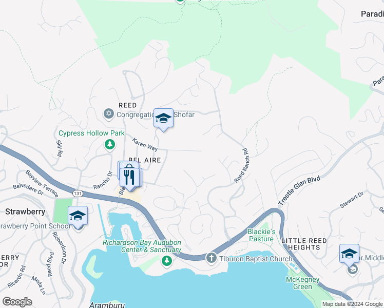 map of restaurants, bars, coffee shops, grocery stores, and more near 349 Karen Way in Tiburon