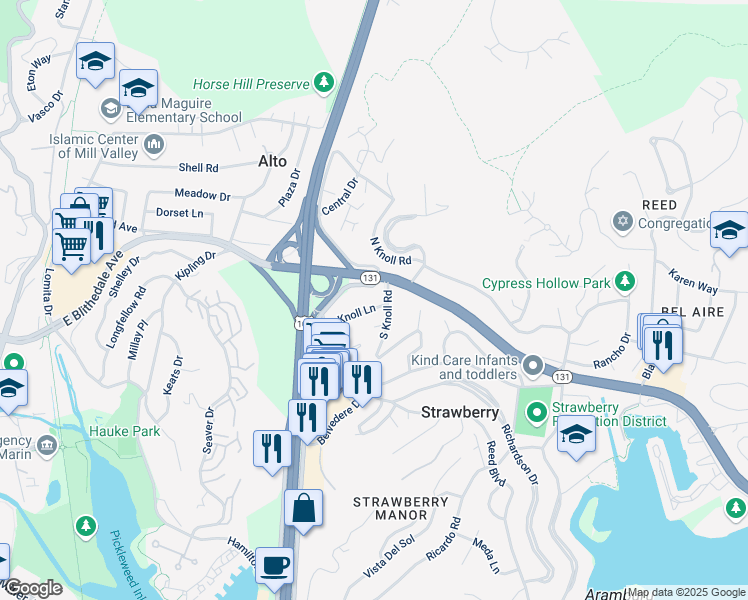 map of restaurants, bars, coffee shops, grocery stores, and more near 36 Tiburon Boulevard in Mill Valley