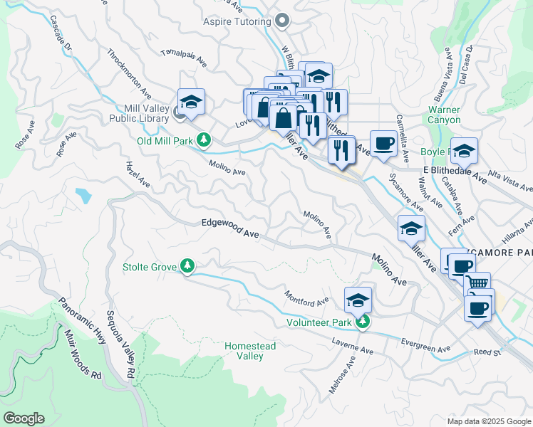 map of restaurants, bars, coffee shops, grocery stores, and more near 105 Wildomar Street in Mill Valley